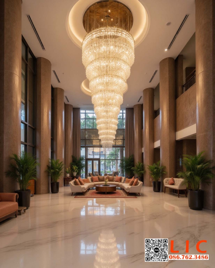 den trang tri den chum sanh khach san lobby